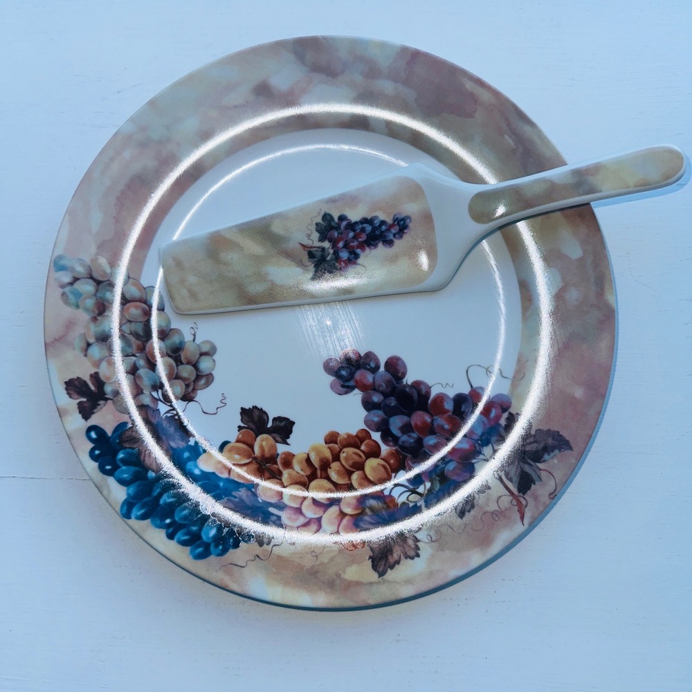 I. Godinger & Co. Porcelain Cake Plate and Server Set Grapes Motif Multicolor